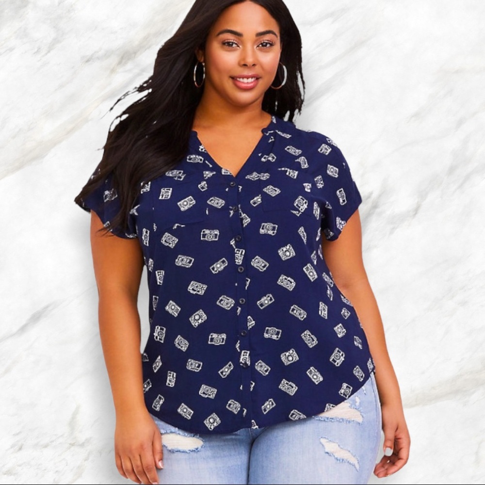 Torrid | White Photography Cameras Print Navy Button-Down Blouse